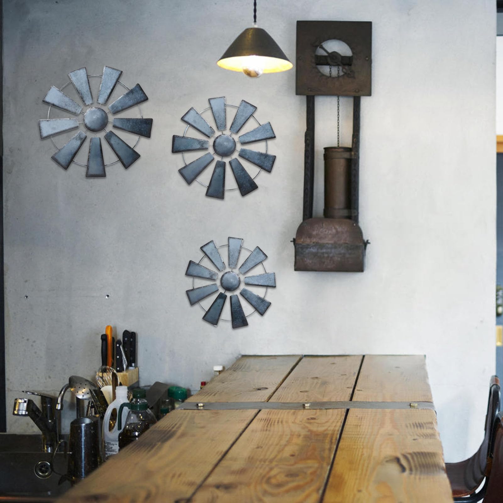 3 Stück Rustikale Metall Windmühlen Wandskulptur für Wohnzimmer