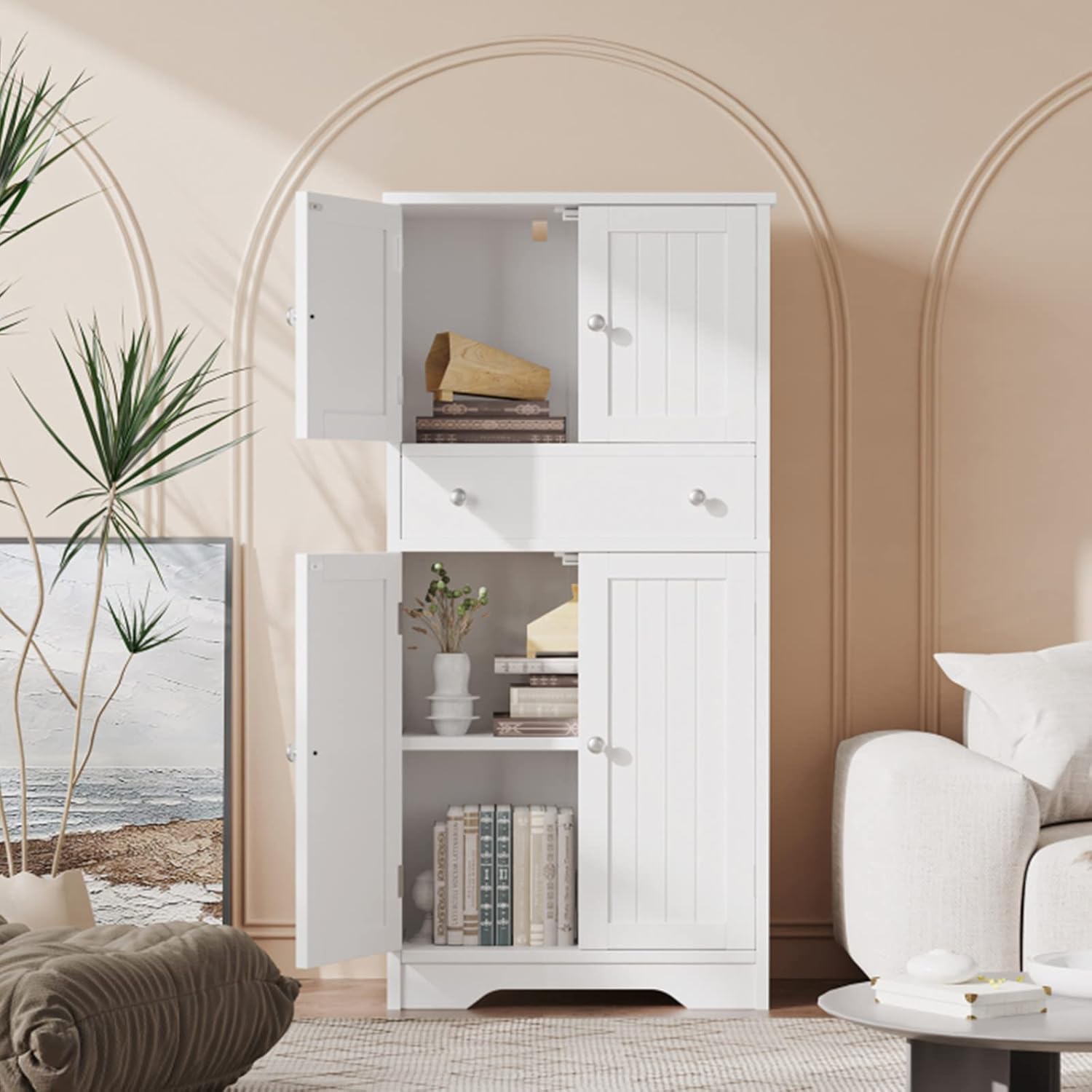 Rovaurx 48.4" Tall Storage Cabinet with 1 Drawers, Lined Floor Bathroom Cabinet with Ample Storage Space, Kitchen Pantry Cabinet, Accent Display Cabinet, DIY Drawers, White BMGZ106W