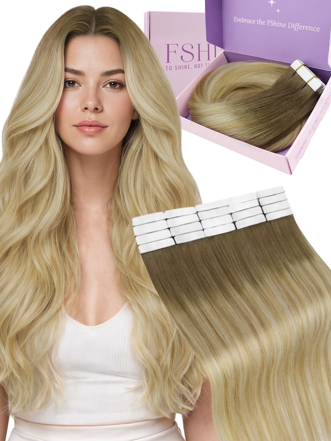 Fshine Dopinki do przedłużania włosów metodą tape in, prawdziwe włosy, 40 cm, 50 g, 20 sztuk, dla początkujących, kasztanowy brąz, wyblakłe do miodowego blondu i platynowego blondu, kolor 6, 27, 60