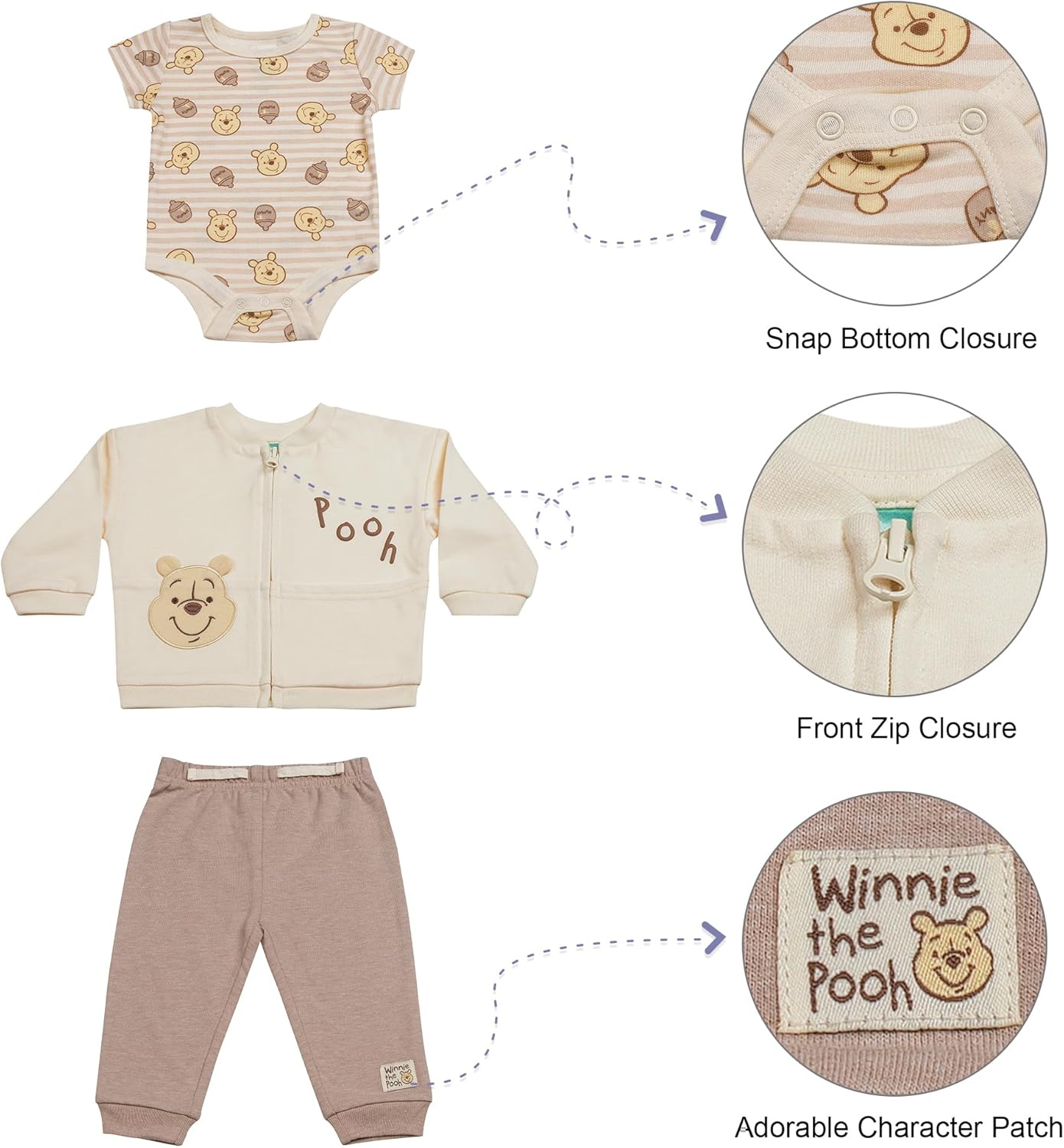 Magic Threadz Disney Clothes Baby Boys 3pc Layette Set – Mickey Mouse & Winnie the Pooh Bodysuit, Jacket & Pants (0M–9M)