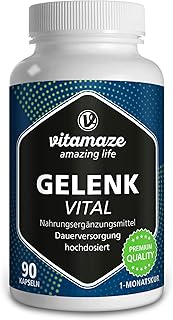 Vitamaze Kapseln hochdosiert mit Glucosamin + Chondroitin + Hyaluronsäure + MSM, 90 Kapseln als 1 Monatskur, Natürliche Nahrungsergänzung ohne Zusatzstoffe, Made in Germany