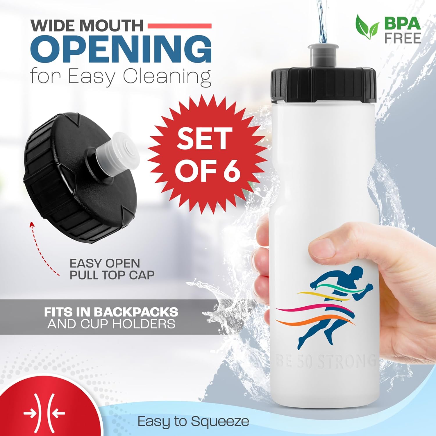 50 Strong Sports Water Bottles – Reusable 22 oz BPA-Free Plastic Bottles with Pull Top Cap – Made in USA – Top Rack Dishwasher Safe – Fits Most Bike Cages Brand - Image 2