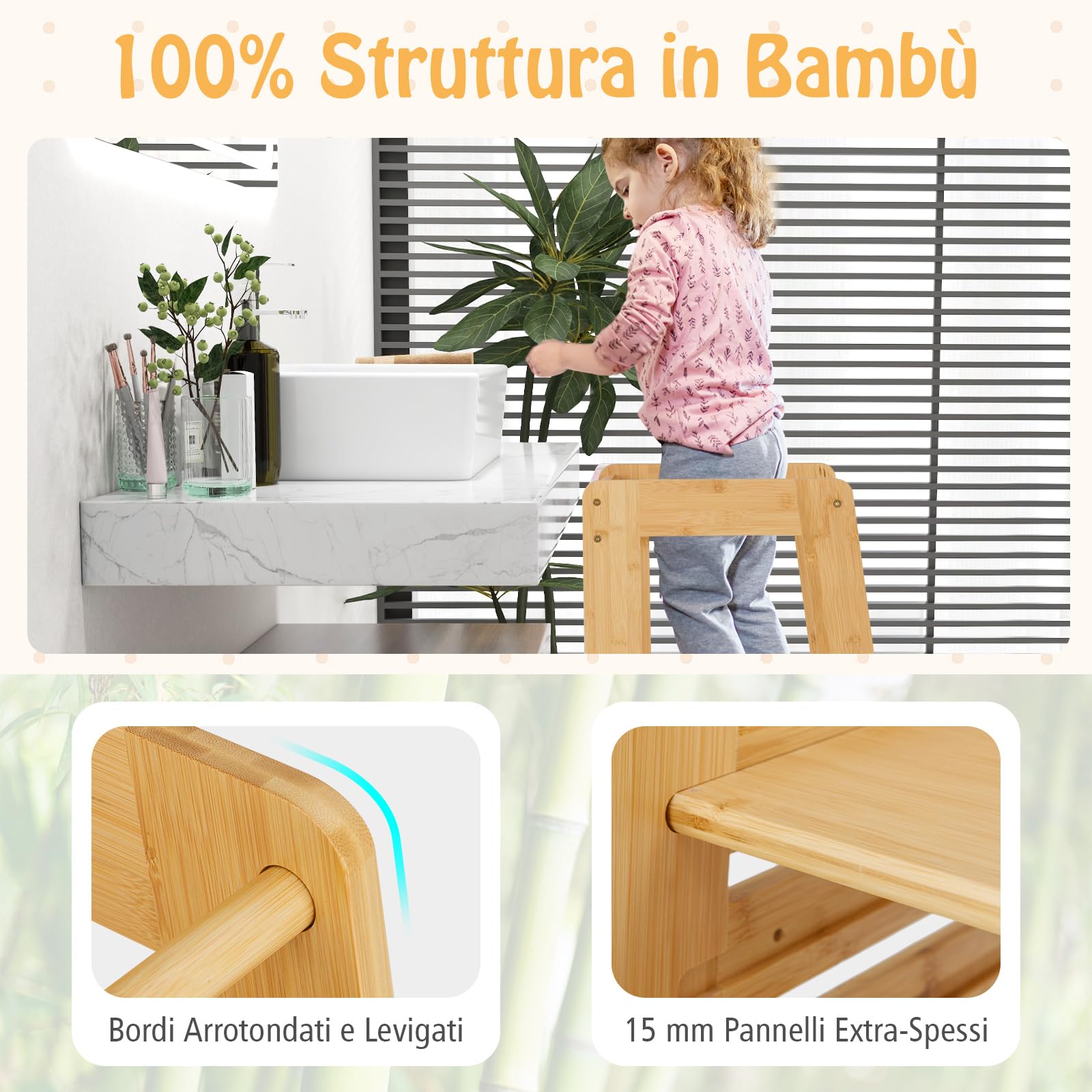 COSTWAY Torre Montessoriana in Bambù, Torre di Apprendimento con 4 Altezze Regolabili, Barra di Sicurezza e Piedini Antiribaltamento, Sgabello da Cucina per Bambini 18+ Mesi