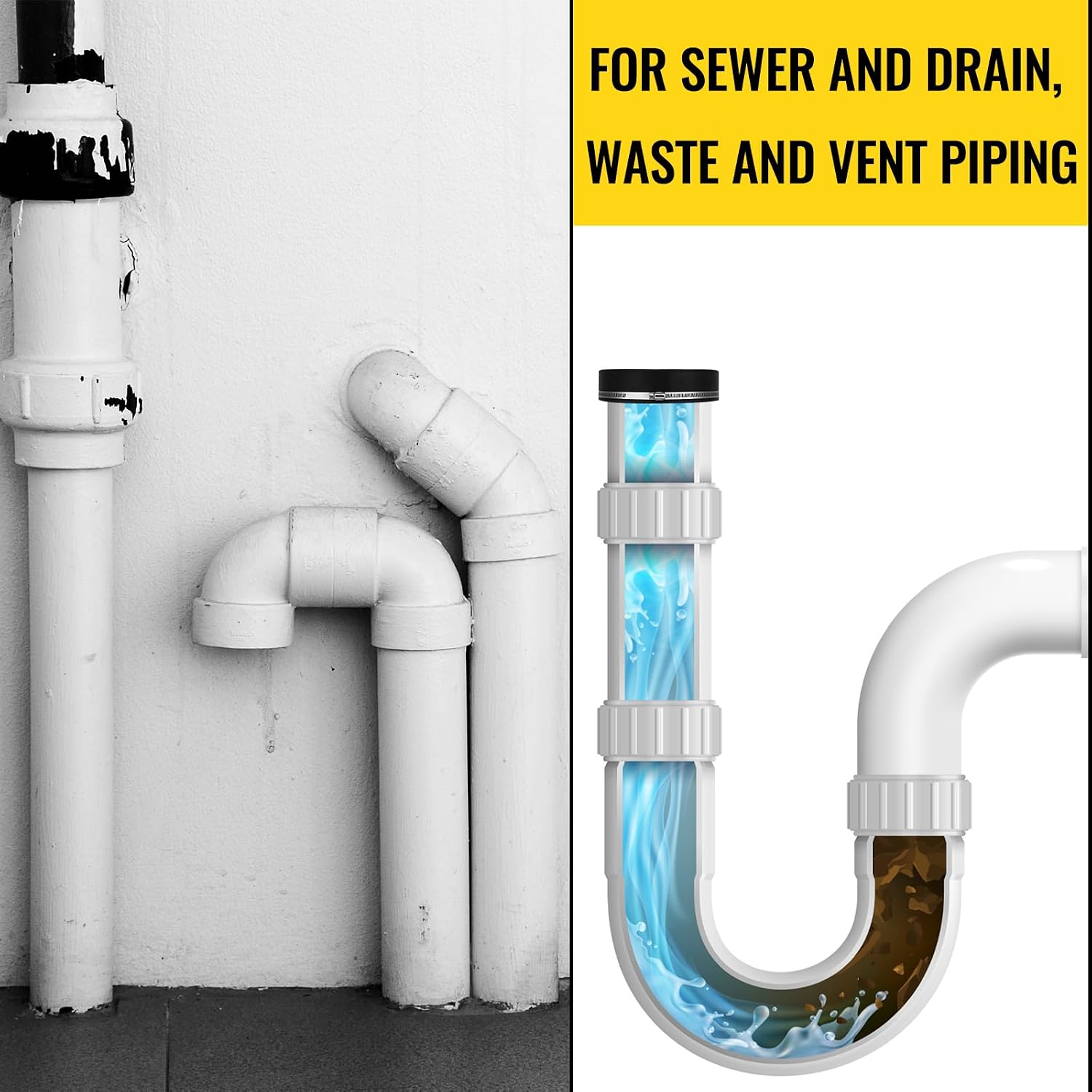 6 Pack 8 Inch Flexible PVC Pipe Cap with Stainless Steel Clamps - Black Durable End Caps for Drainage, Wastewater & Vent Pipes, Above/below Ground Use