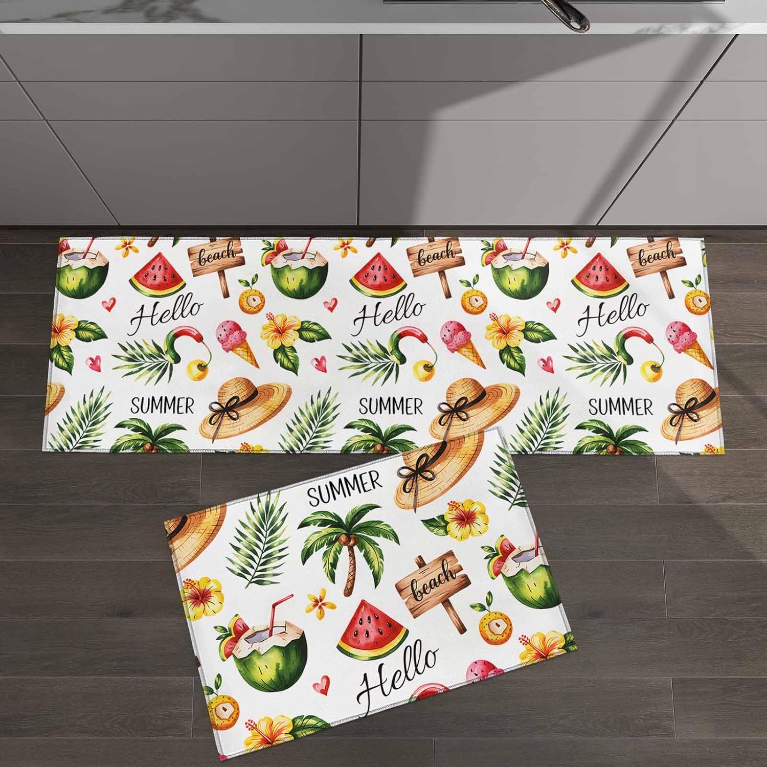 2 Pieces Kitchen Rugs and Mats,Summer Coconut Tree Straw Hat Area Runner Rug Set Non Slip Floor Doormat Washable Carpet Standing Mat for Kitchen Sink Indoor Corridor,Watercolor Coastal Beach Theme