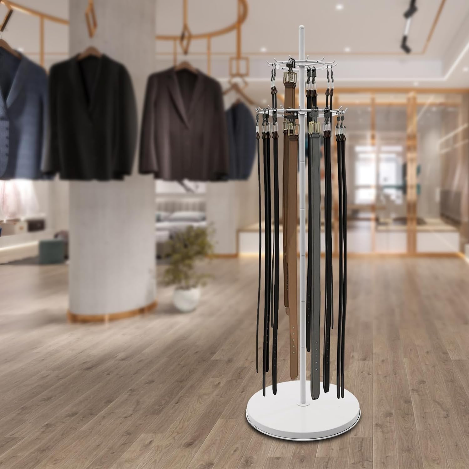 Floor Standing Belt Display Rack, 66.2" Metal Tie Rack & Scarf Stand - 360° Rotating Belt Hanger Organizer with Adjustable Feet, Heavy Duty Retail Display for Clothing Stores, Boutiques (White)