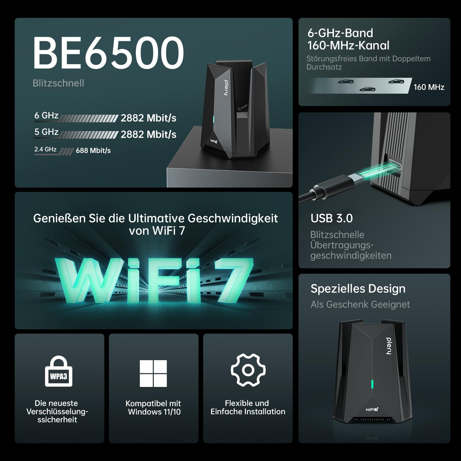 WiFi 7 WLAN Stick für PC, BE6500 USB 3.0 WLAN Stick Tri-Band 6G/5G/2.4G, WiFi Adapter PC mit 3 Antennen Geringe Latenz für Gaming, MLO, 4K-QAM, WPA3, Integrierte Treiber, NUR für Windows 10/11