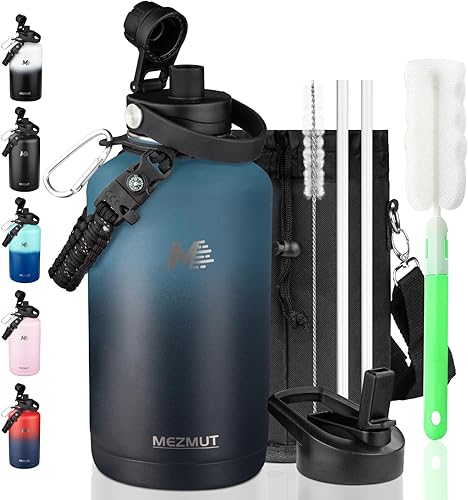 Miniatura 30 de MEZMUT Botella de agua aislada con popote y 2 tapas, botellas de agua de acero inoxidable de 40 onzas, botella de agua deportiva de metal, botellas