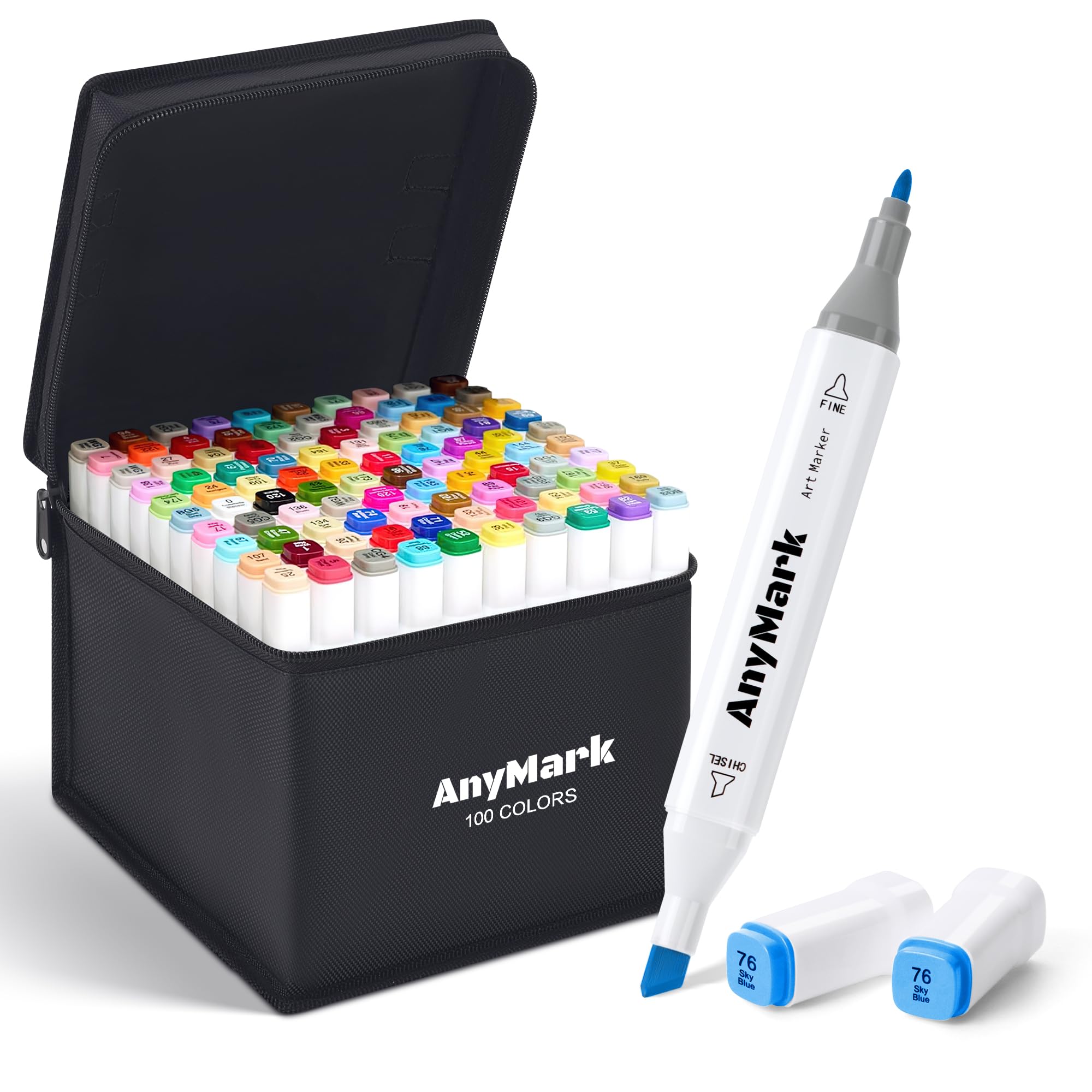 AnyMark Rotuladores Alcohol, 100 Colores Marcadores Alcohol de Doble Punta Biselada y Fina, para Adultos Bocetos, Cómics, Colorear, Cuerpo Blanco