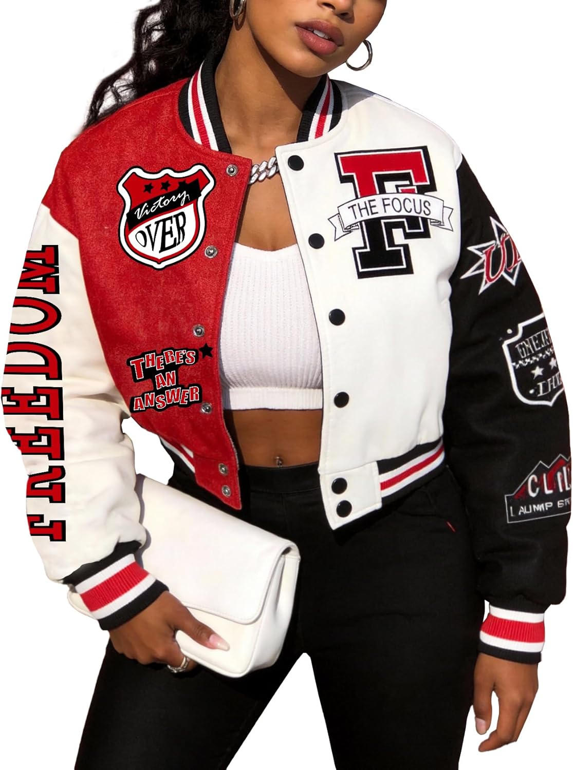 Flygo Women's Cropped Varsity Jacket Baseball Jacket Colorblock Letter Print Y2k Button Down Bomber Uniform