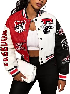 COZYPOIN Women's Cropped Varsity Letterman Jacket - Lightweight Y2K Bomber Baseball Jacket Button Down Streetwear Coat
