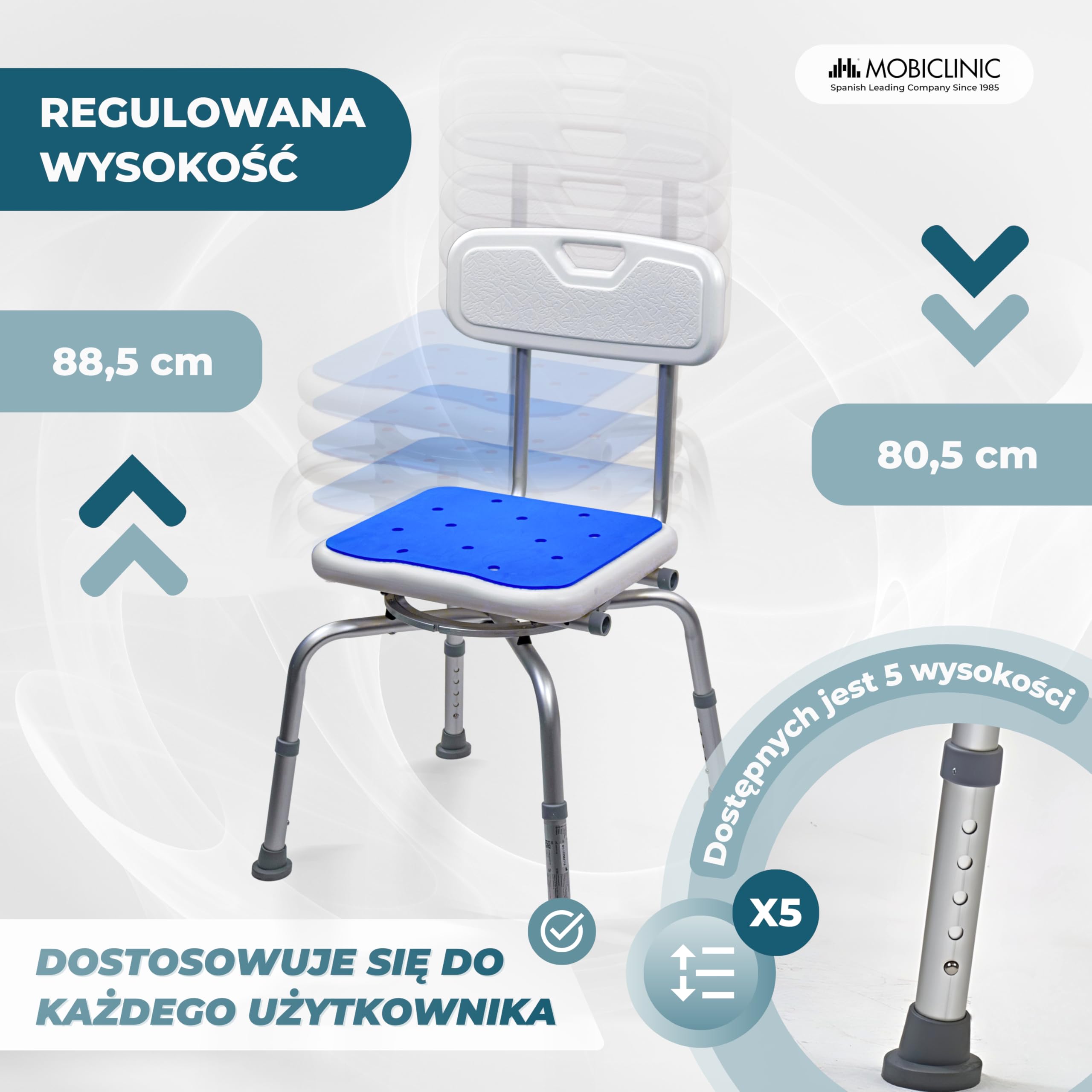 Mobiclinic®, Krzesło do Wanny Obrotowe 360°, Podłokietniki i Oparcie, Regulowana Wysokość, Siedzisko z Podkładką EVA, Antypoślizgowe Nakładki, Aluminium, dla Seniorów, Ograniczona mobilność, Akila