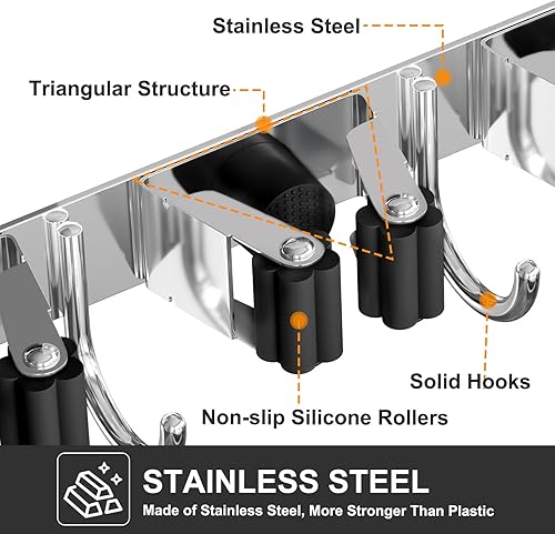 Miniatura 5 de HANZENMA Soporte de pared para escoba, organizador de escoba de acero inoxidable y colgador de trapeador, organización de almacenamiento resistente