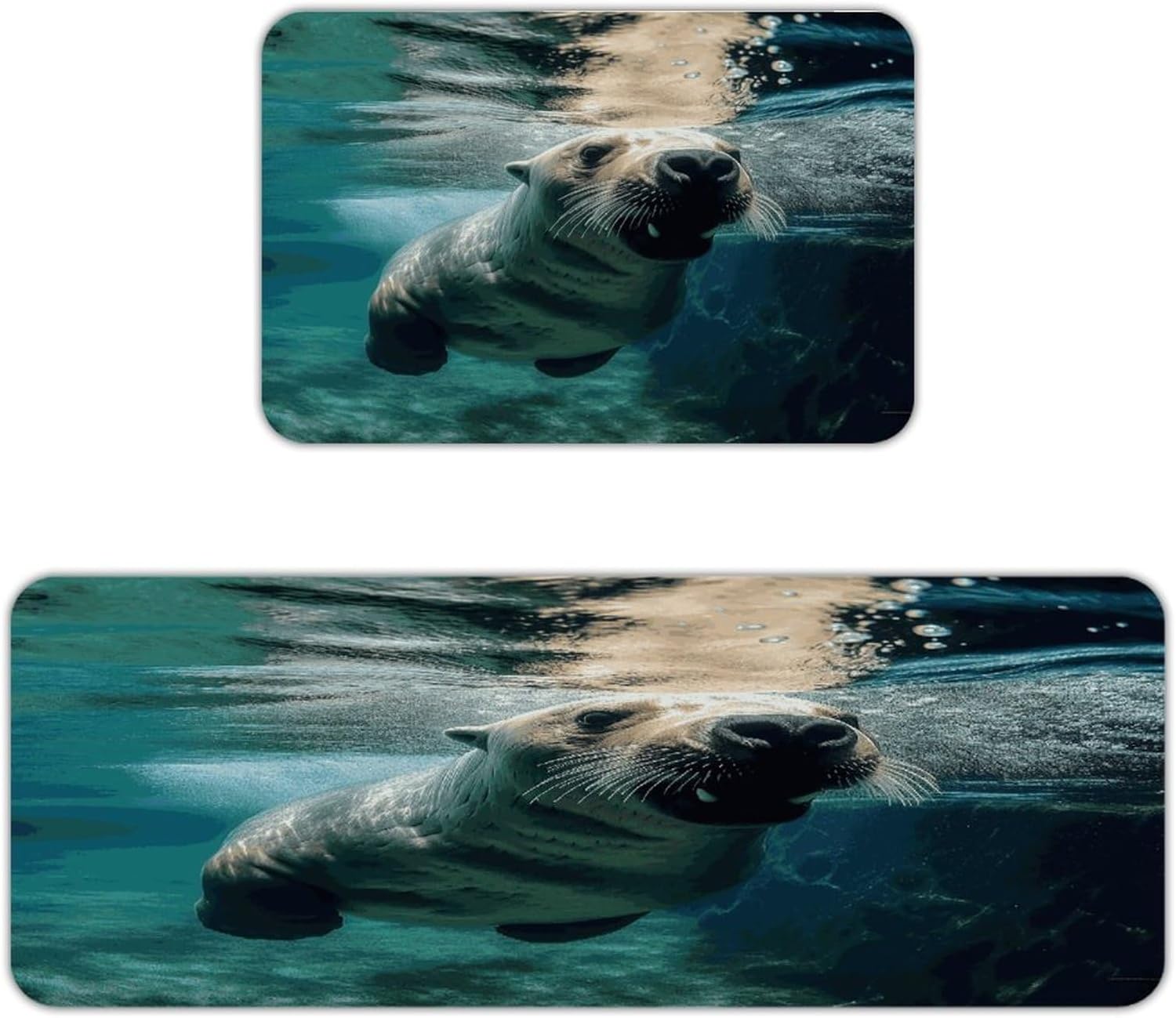 Funny Sea Lion Kitchen Mats with 2PCS Non-Slip Washable,Kitchen Rug Heavy Duty Durable, Floor Mats for Kitchen,Office,Sink,Laundry