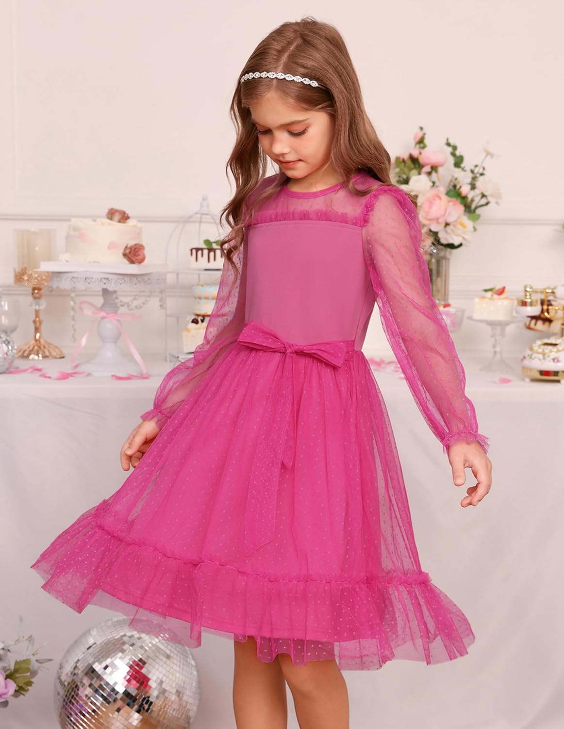 GRACE KARIN Girls Contrast Mesh Dress Formal Party Long Sleeve High Waist Tulle A-Line Fall Dresses for 6-12 Years - Image 4