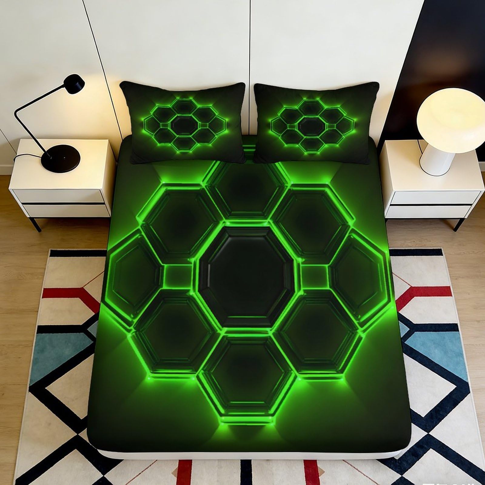 Dhbaneiok Style-2 3D Printed Neon Hexagon Fitted Sheet Microfiber Green Geometric Bed Sheet For Bedroom Dorm Mattress Decor 90X200x25cm
