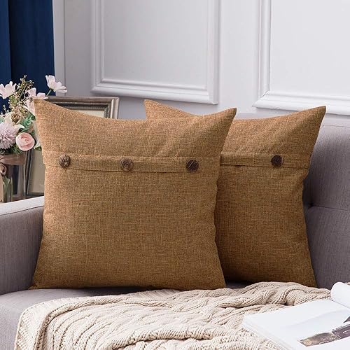 MIULEE Set of 2 Decorative Linen Throw Pillow Covers Cushion Case Triple Button Vintage Farmhouse Pillowcase for Couch Sofa Bed 22 x 22 Inch Brown