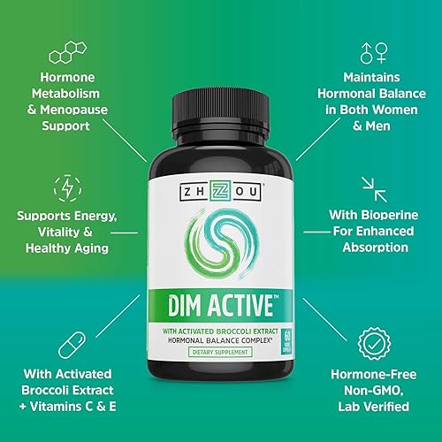 Miniatura 4 de Zhou DIM Active - Suplemento DIM, equilibrio hormonal para mujeres y hombres, apoyo hormonal con 250 mg de diindolilmetano, 60 cápsulas veganas