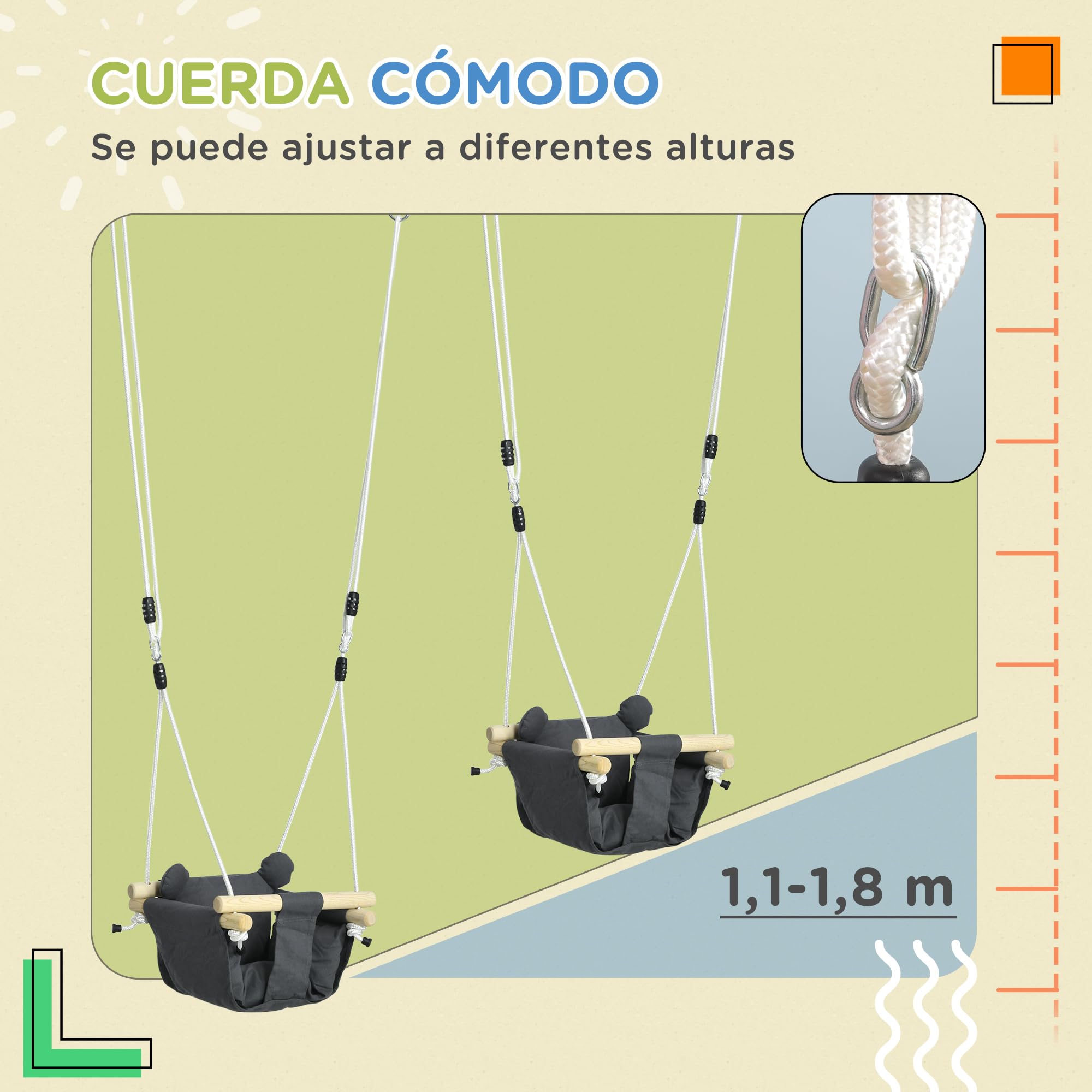 AIYAPLAY Columpio para Bebés 9-36 Meses 40x40x110-180 cm Gris Oscuro | Columpio Infantil, Asiento Acolchado, Cuerdas Ajustables, Carga 70 kg, para Interiores y Exteriores