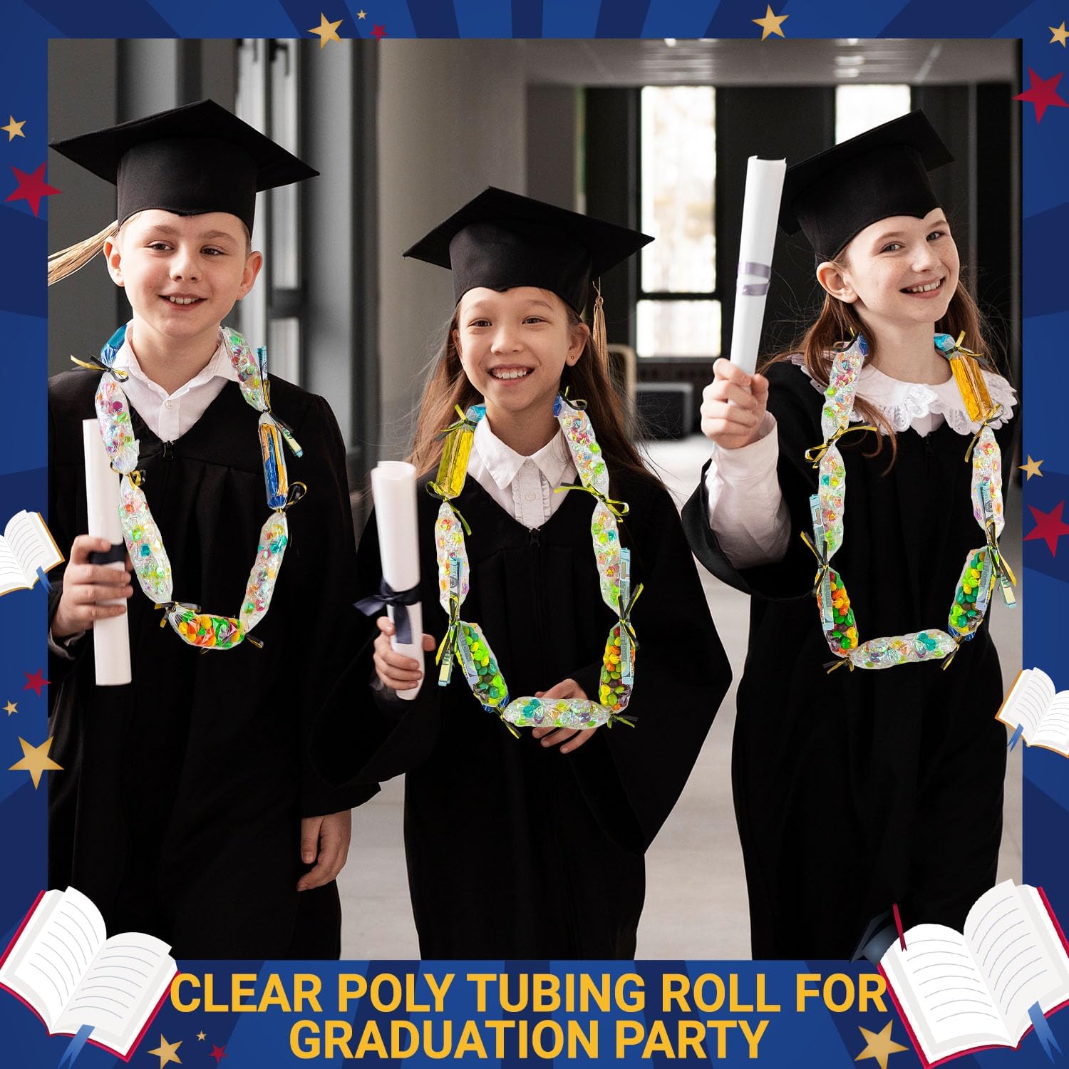 Candy Lei Poly Tubing, 2 Inch x 2000 ft Clear Graduation Candy Lei Making Kit with 4 Rolls 500 yd Ribbon, Clear Shipping Poly Tubing for DIY Graduation Wreaths Packing Snacks