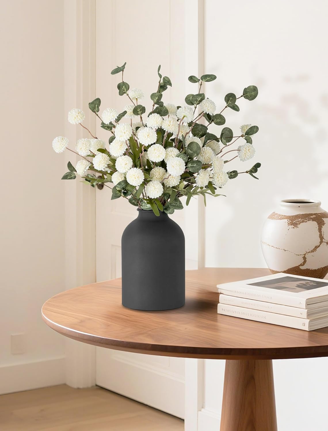 BLOSMON Fake Flowers in Vase for Centerpieces: Metal Vase with 12 Stems of Artificial Mums Kiku Flowers Eucalyptuses Home Table Decor - White Faux Pom Poms Floral Arrangements for Living Room - Image 8