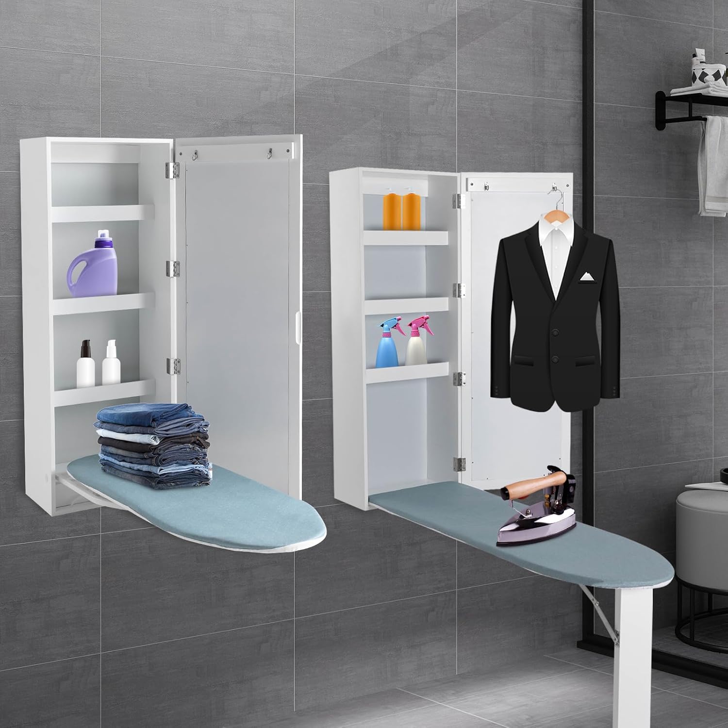Wall-Mounted Ironing Board Cabinet with Storage Shelves & Mirrored Door, Built in Ironing Board & Folding Support Leg, Foldable Ironing Storage Station for Home & Apartment, White, 14 * 6.9 * 37.4in