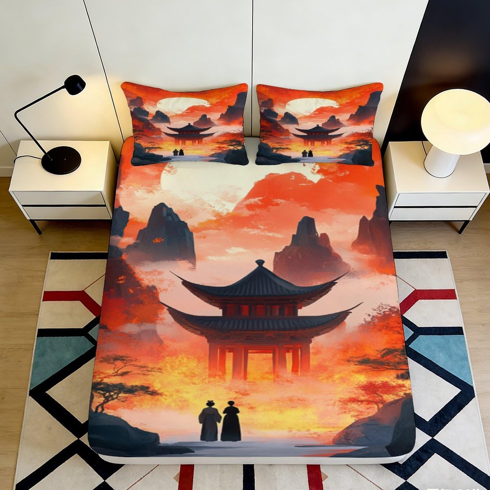 3D Printed Oriental Pagoda Fitted Sheet Microfiber Soft Breathable Sunset Landscape Bed Cover for Bedroom Dormitory Guest Room Mattress Protection Decor 180x200x25cm