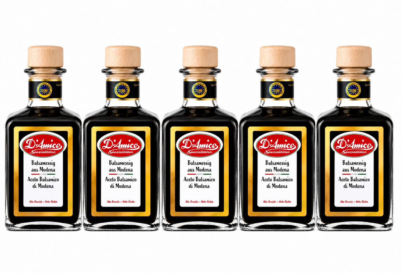 D’Amico Vinaigre Balsamique de Modène I.G.P – 90% de moût de raisin, densité 1,35, sans additifs – idéal pour salades, fromages, fraises & antipasti (5 x 250 ml)