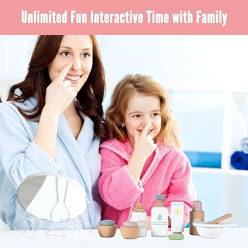 Miniatura 5 de WHOHOLL Juego de juguetes de maquillaje de madera, juguetes de salón de belleza, juguetes de aprendizaje para el cuidado de la piel para niños