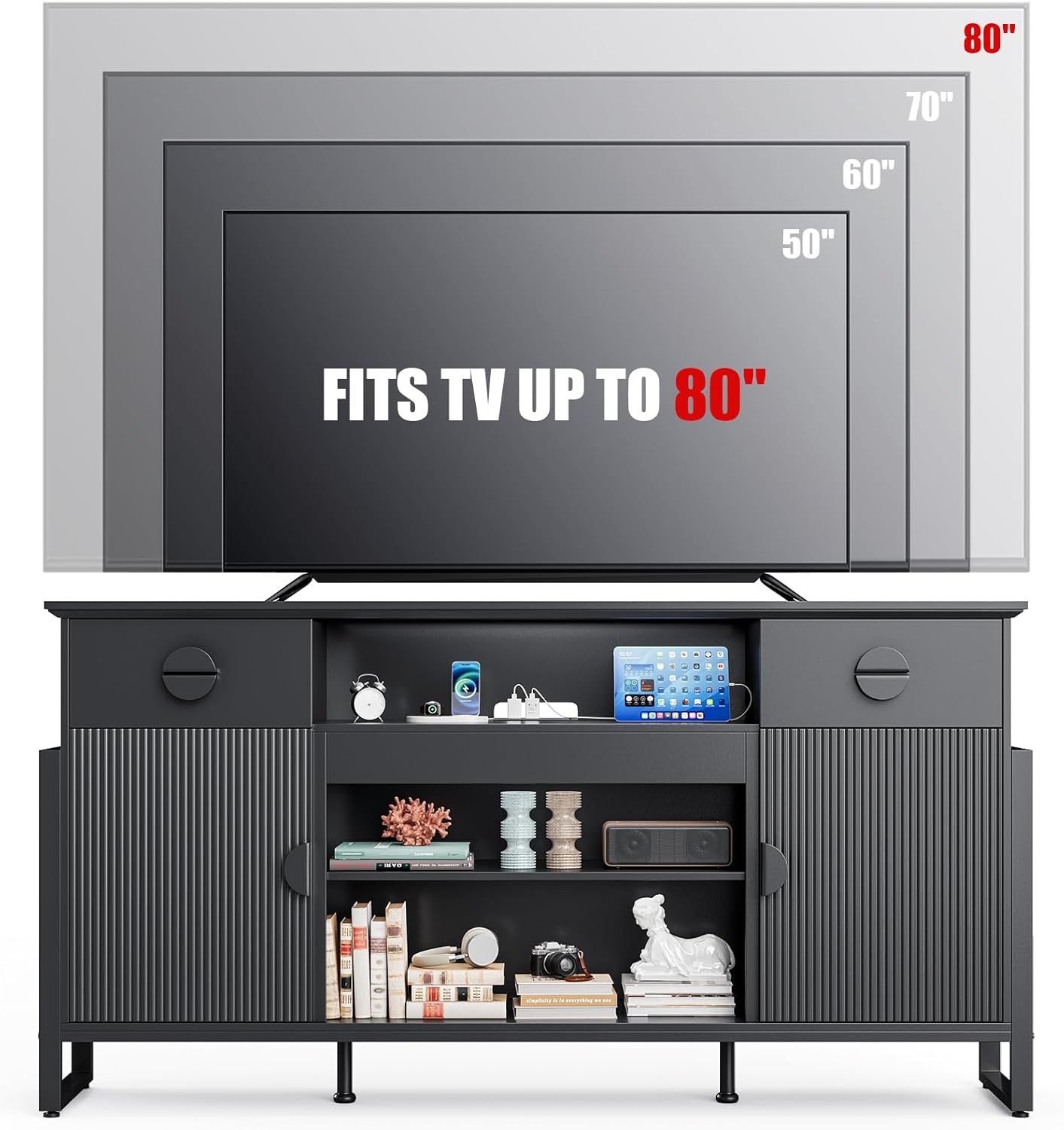 Naice TV Stand for 80 Inch TVs, 38" Tall Entertainment Center with Power Outlet, Stylish TV Stand w/Drawers & Cabinets, Raising Legs, Curved Profile Design, Media Console for Living Room, Black