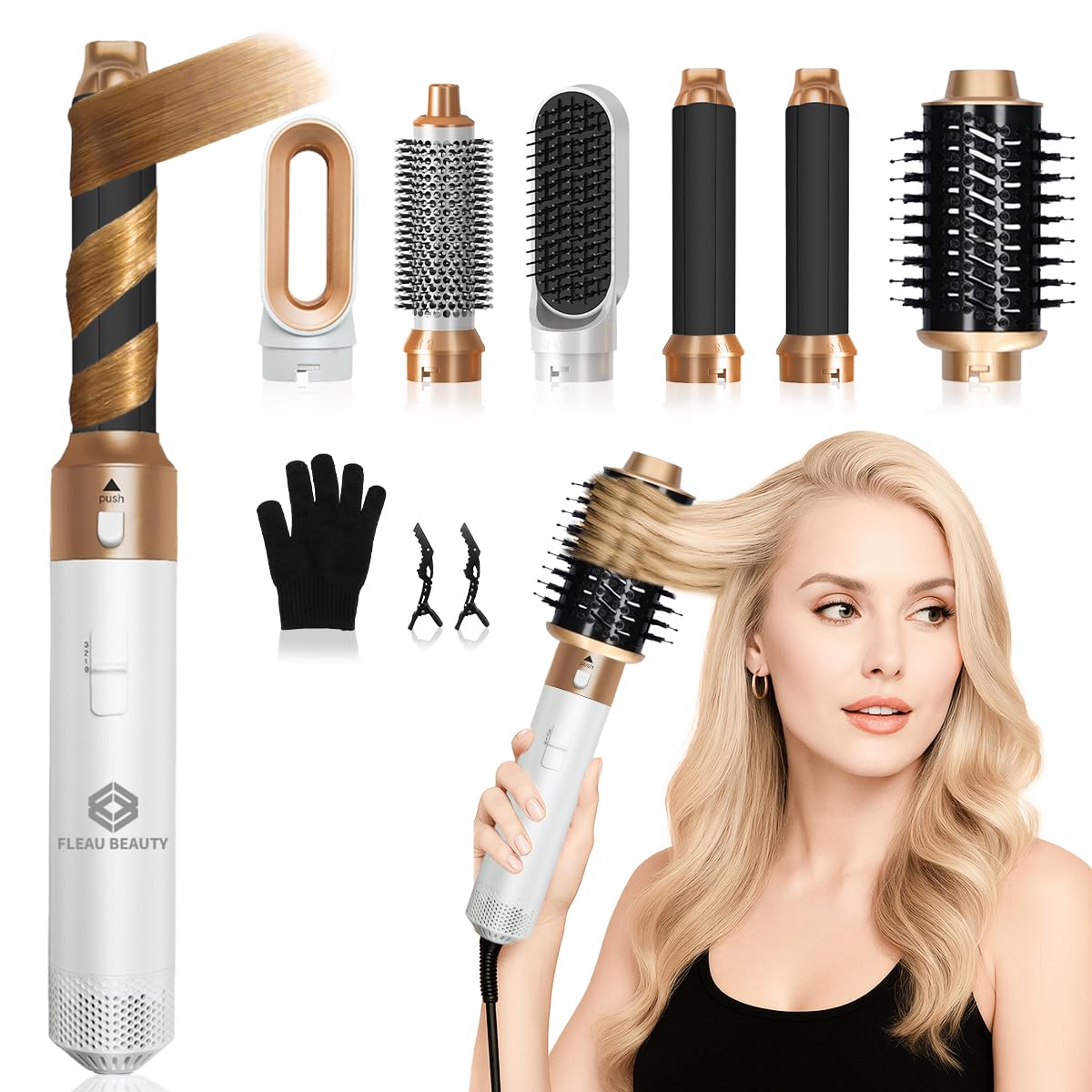 Fleau Beauty Haarbürste – PRO Edition – Multistyler – Lockenbürste – Airstyler – Stylingbürste – Hairstyler – 6 in 1 Set – Weiß