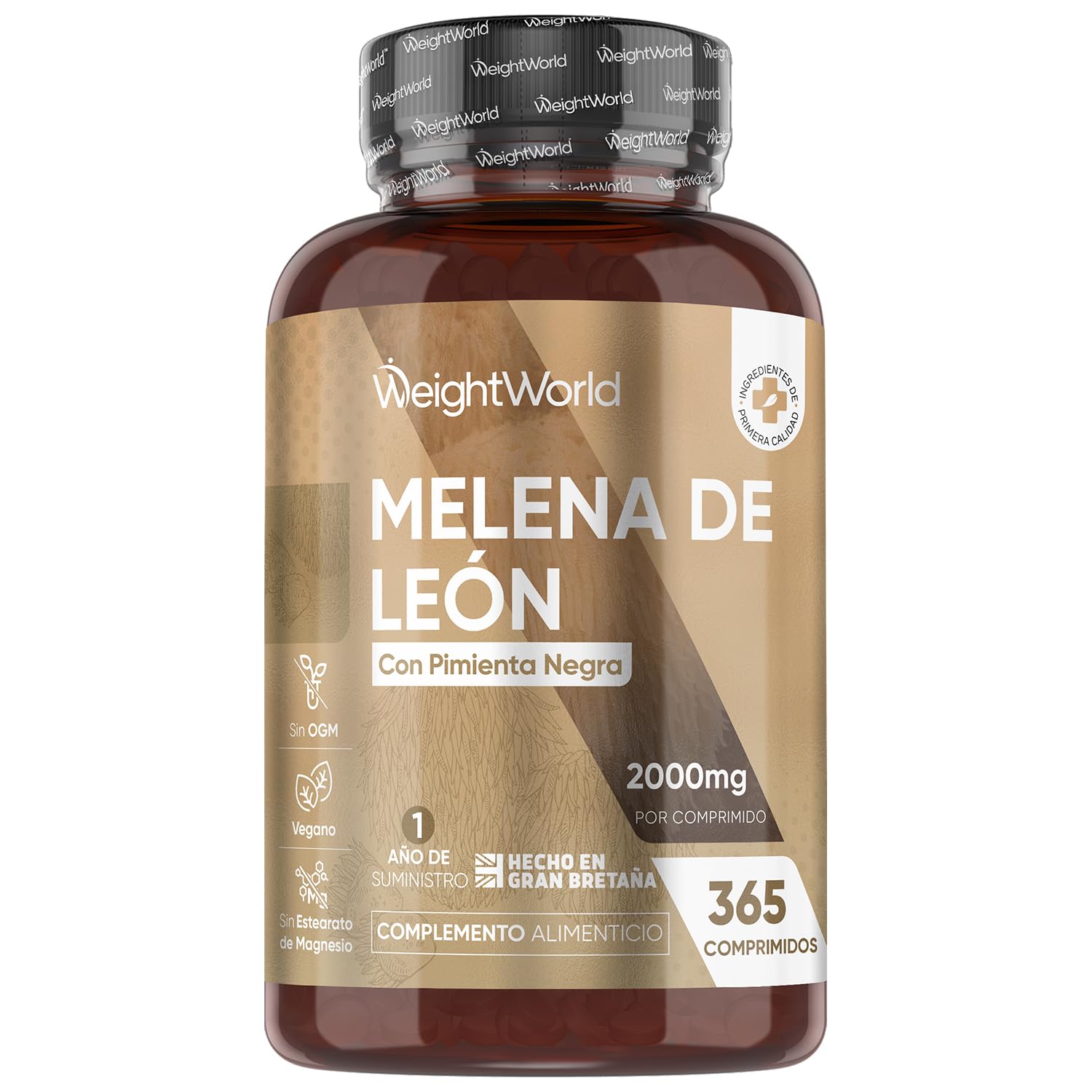 Melena de León 2000mg de Concentración 365 Comprimidos Veganos (1 Año de Suministro) - Extracto de Hongo Lions Mane o Hericium Erinaceus con Pimienta Negra, Sin OGM y Sin Gluten