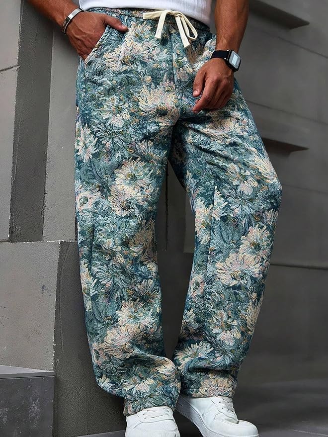 Men's Floral Print Pocket Drawstring Waist Pants Loose Casual Comfy Straight Leg Trousers for Summer Daily Wear2