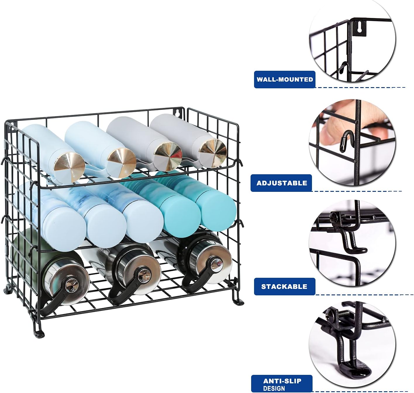 X-cosrack Adjustable Water Bottle Organizer,3-Tier Wall-Mounted Water Bottle Holder, Stackable Water Bottle Storage Rack for Kitchen Countertop,Pantry, Cabinet,Black,3-Tier Medium