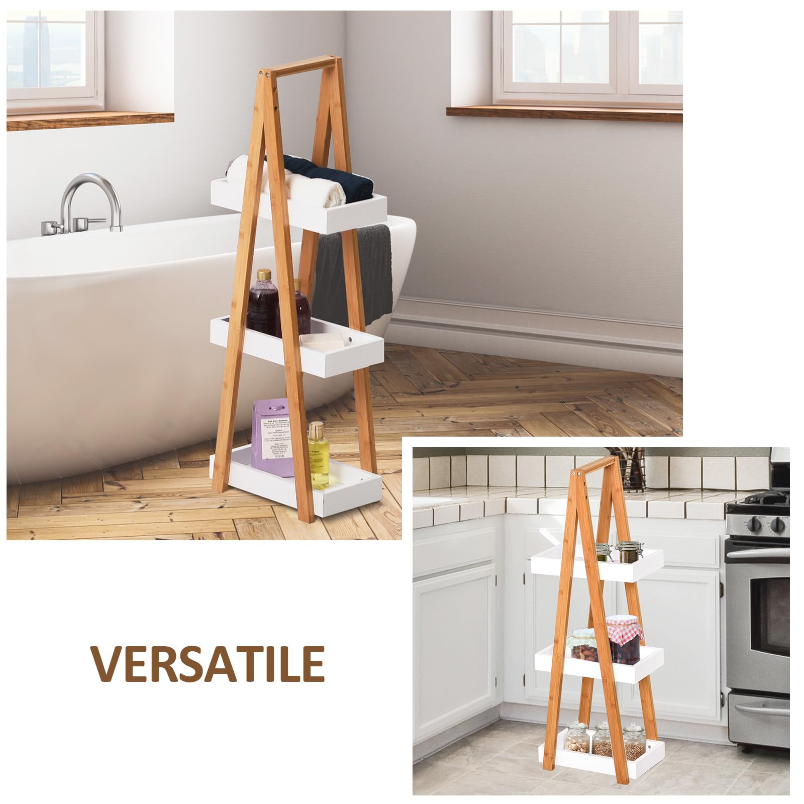 kleankin Scaffale Salvaspazio da Bagno in MDF e Bambù, Forma a Piramide con 3 Mensole, Color Legno e Bianco, 30x18x81cm