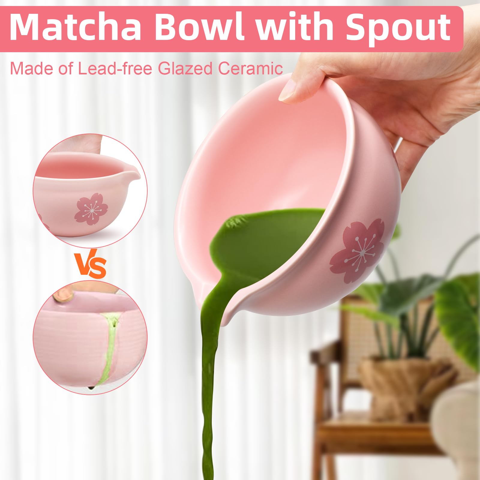 Zestaw 2 szt. herbaty matcha z uchwytem na miotłę matcha, ceramiczna miska do matchy, Chawan z nalewaniem, japońska miska do matchy bez proszku, dla miłośników herbaty Matcha, kolor różowy