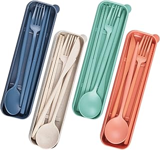 Juego de Cubiertos de Camping, 4 Cubiertos de Plástico Traje con Estuche,Juego de Vajilla de Cuchillo Tenedor Cuchara Palillos Reutilizables,Utensilios Portátiles para Picnic Oficina Uso Diario