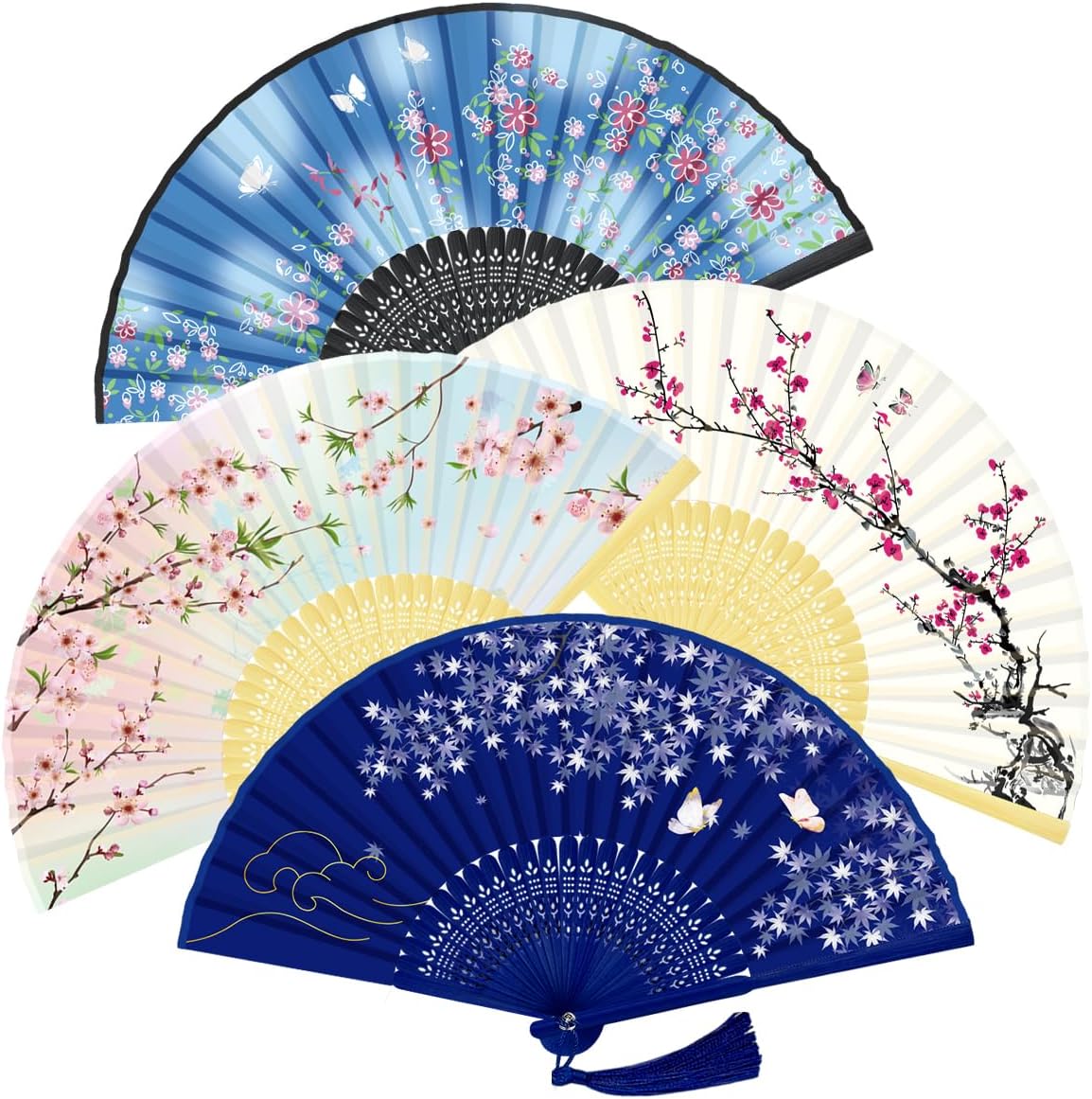 Handheld Fan, 4 PCS Silk Hand Fan Foldable, Hand Fans for Women Foldable, Bamboo Folding Hand Held Fan, Chinese & Japenese Style Paper Fans for Dancing, Party, Wedding & Home Decoration