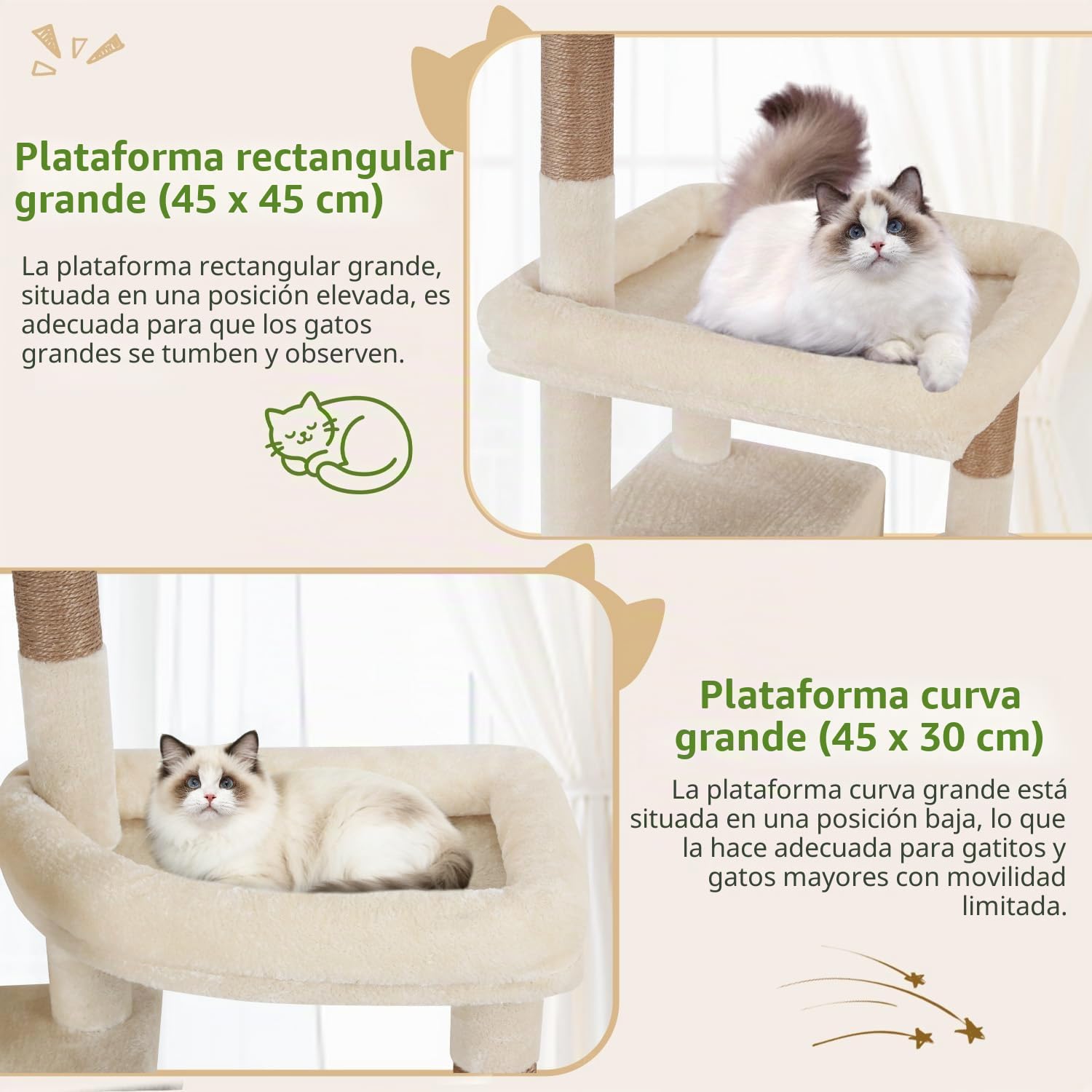 Globlazer Árbol Rascador para Gatos Grande Beige 189 cm Alto con 2 Nidos Grandes 45*30CM, 3 Plataforma Acolchada, 2 Cesta, Juguetes de Peluche, Estable Rascador para 3-5 Gatos Interior (F74F, Beige)