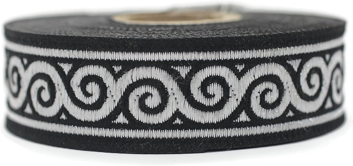 11 Yard Spool 0.86 inch Wide Silver Black Elegance Jacquard Trim Vintage Drape Ribbon Sewing Fabric Dog Collars 22061