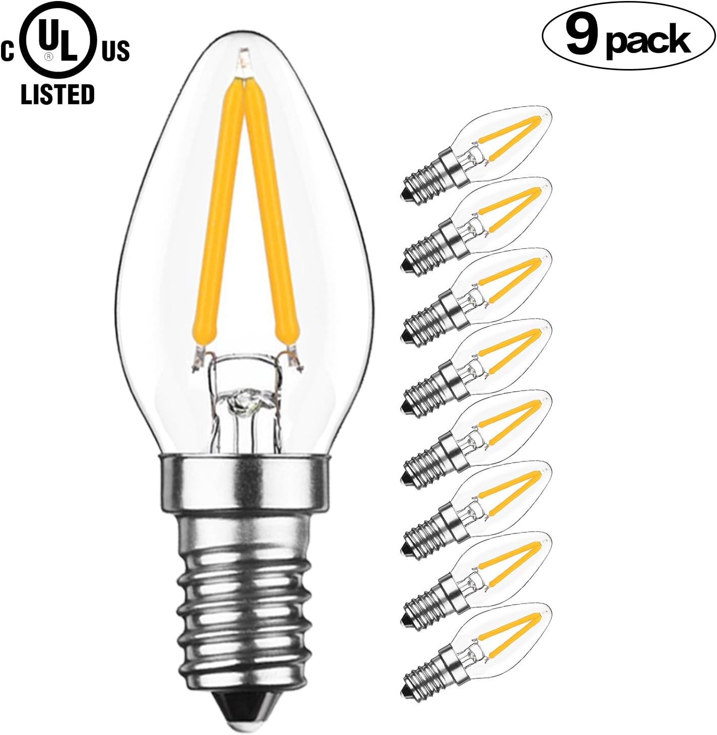 Aokairuisi 2W LED Filament C7 Night Light Bulb 15W Incandescent Replacement 150LM 2700K E12 Candelabra Base Night Light Candle Bulb Warm White (9 Pack)