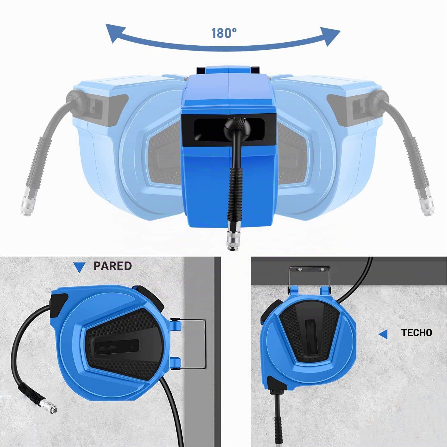 Automático Carrete de Manguera de Aire Comprimido 15m | Enrollador de Manguera de Aire| Carretes de Manguera Neumática | Conector de 1/4'' BSP | para la Pared | Giratorio 180° | Φ 9.5mm