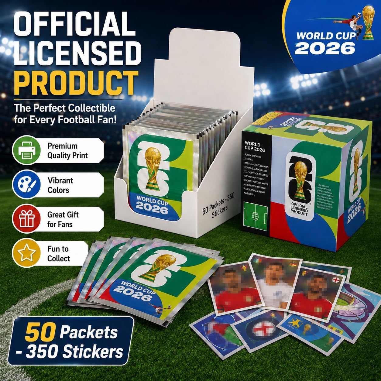 Sammelbox für WM-Sticker 2026, Fanartikel, 50 Päckchen, für Kinder und Erwachsene, je 7 pro Päckchen (insgesamt 350)