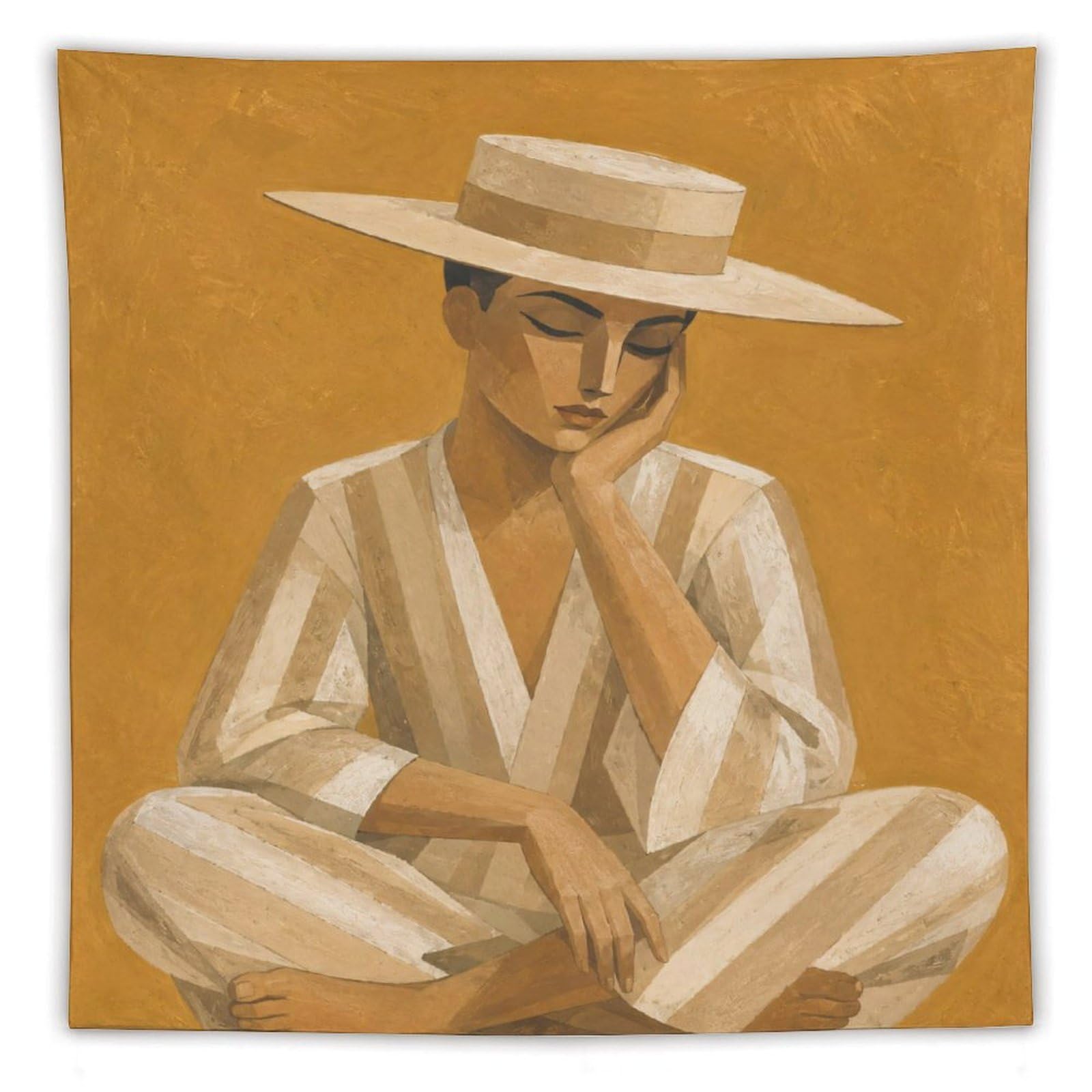 W7C8U2X3 Man in White Hat Wall Tapestry, Geometric Art Style, Bedroom