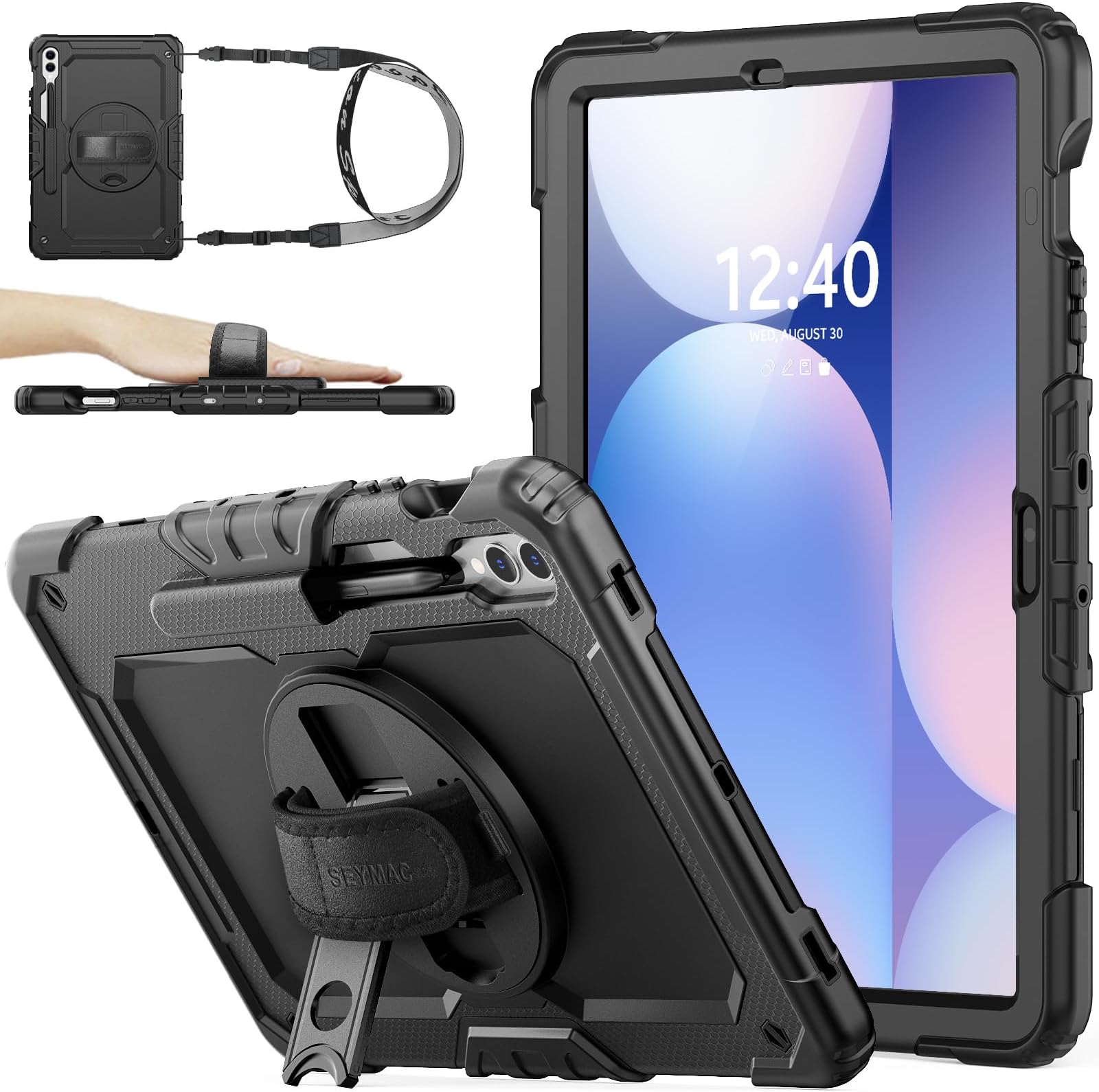 Case for Samsung Galaxy Tab S9 Plus / S9 FE+ Plus 12.4'' with Screen Protector [360 Rotating Stand] Hand Shoulder Strap Protective Case for Galaxy Tab S9+ / S9 FE+ 12.4'', Black