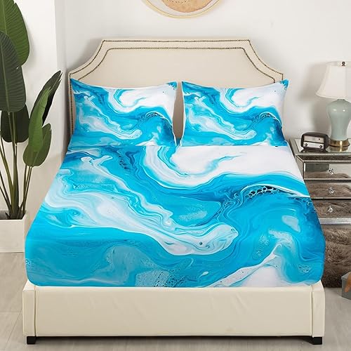 Miniatura 3 de Erosebridal Sábanas matrimoniales de mármol azul, sábanas y fundas de almohada, sábanas de arte abstracto, juego de sábanas de acuarela de arte