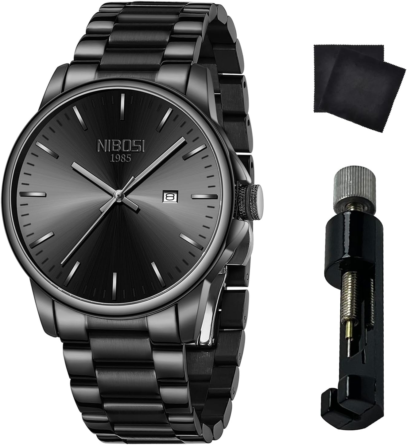 NIBOSI Men Watches Analog Quartz Stainless Steel Black Watches for Men Waterproof Business Classic Watch with Day and Date Display Wrist Watch for Work and Casual Wear