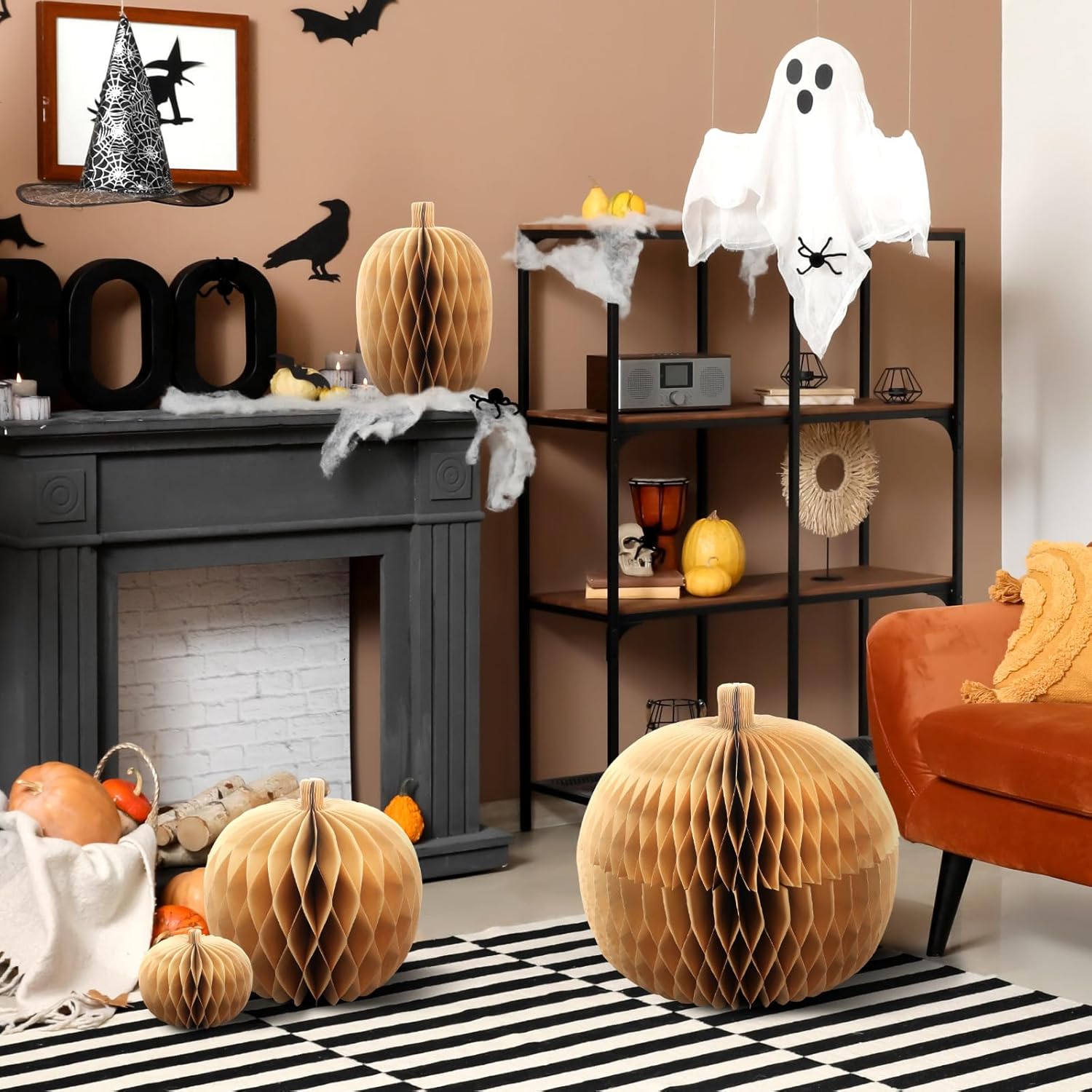 Spiareal 4 Pcs Extra Large Halloween Pumpkin Honeycomb Centerpiece 3D Thick Paper Fall Pumpkin Brown Reusable Paper Honeycomb Decor for Holiday Thanksgiving Home Door Fireplace Desktop Floor