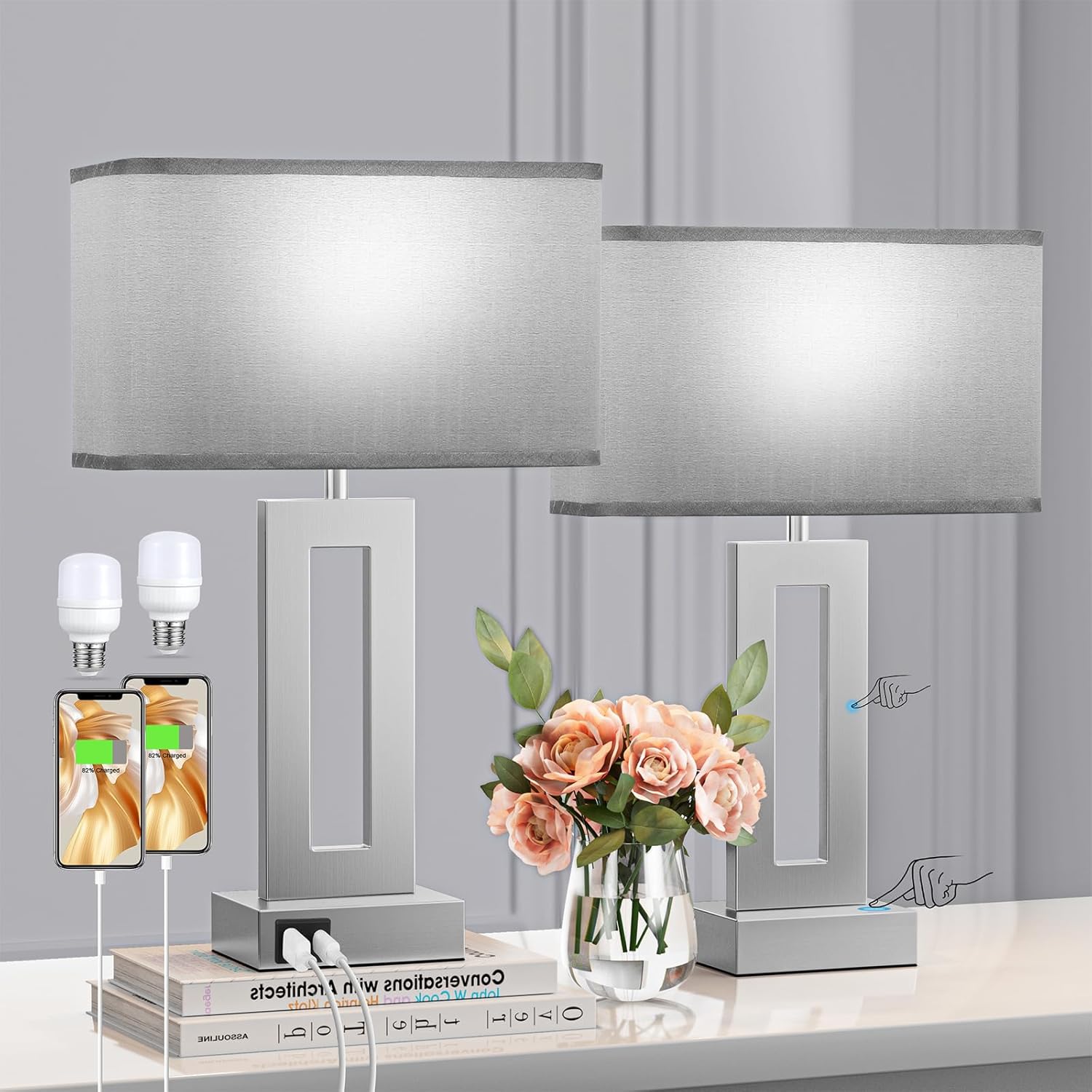 Bedroom Table Lamps Set of 2 – Grey Touch Bedside Lamps with USB C+A, 3 Way Dimmable Gold Lamp for Nightstand, Modern Night Stands Lamps for Living Room End Tables