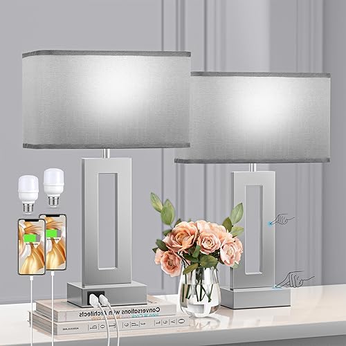 Seealle Juego de 2 lámparas de mesa para dormitorio, lámparas táctiles grises con USB C+A, lámpara dorada regulable de 3 vías para mesita de noche,